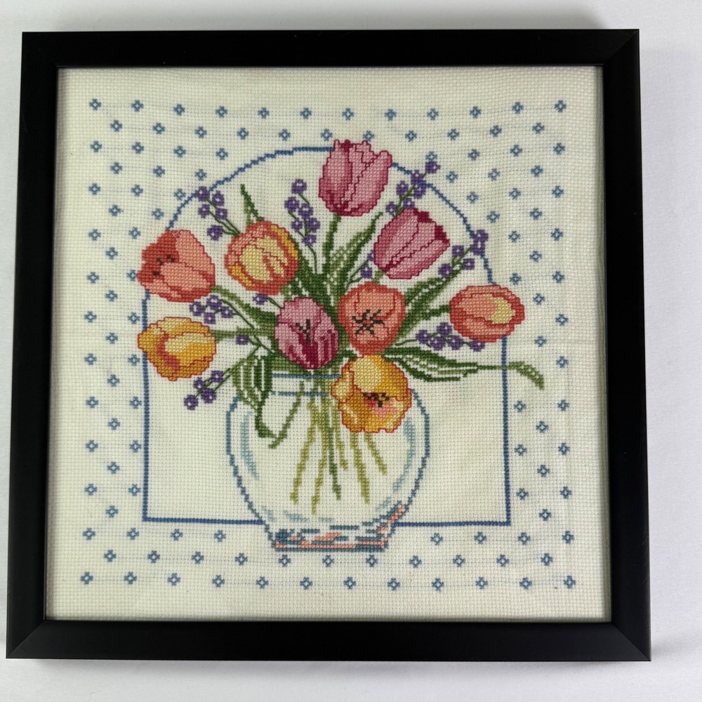 Framed Cross Stitch Wall Art Tulip Floral Bouquet Pink Yellow Blue Cottagecore